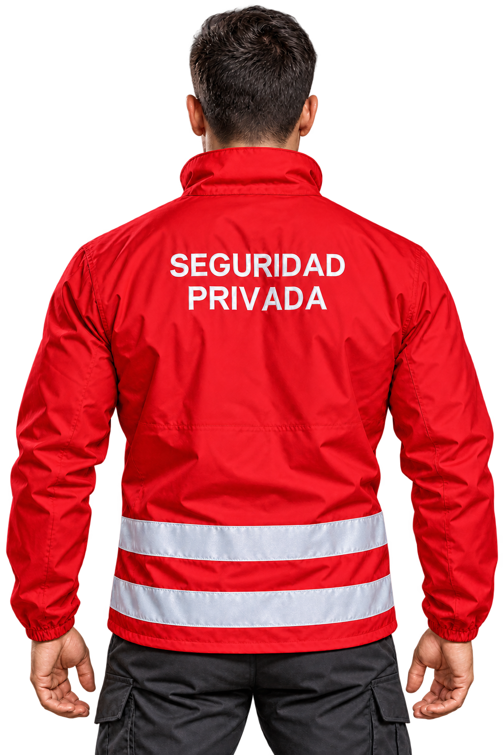 Guardia de seguridad de espaldas, con chaqueta roja y bandas reflectantes
