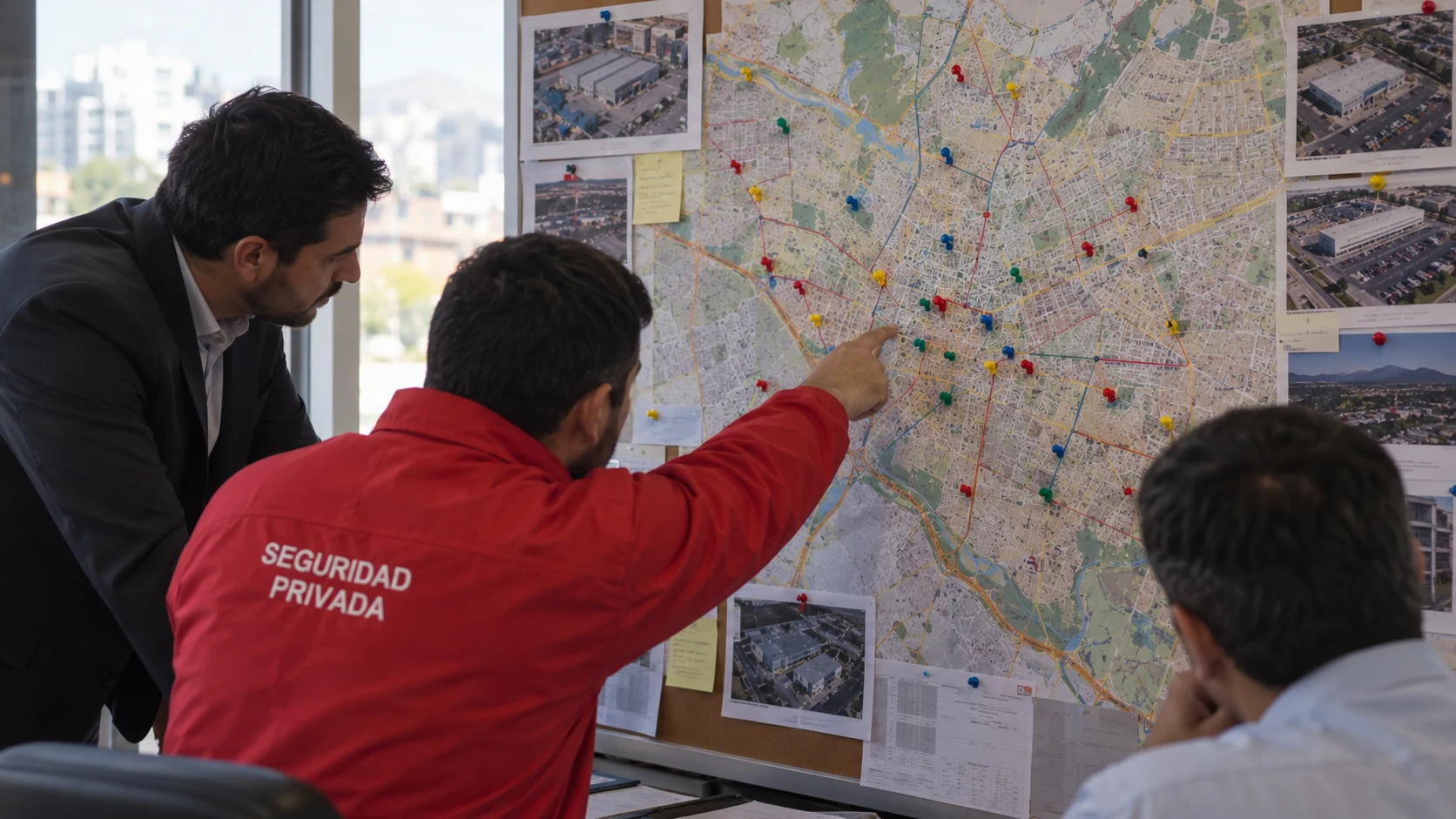 Equipo revisando ubicaciones y accesos sobre un mapa.