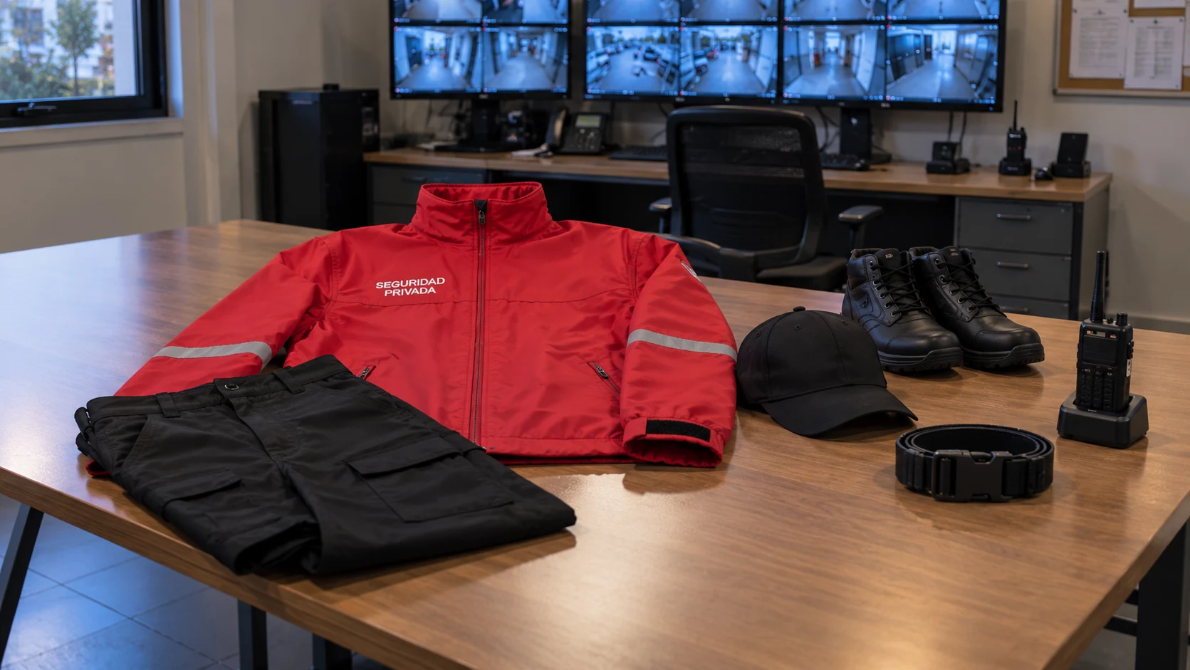Uniforme rojo, botas y radio preparados para el servicio de seguridad.